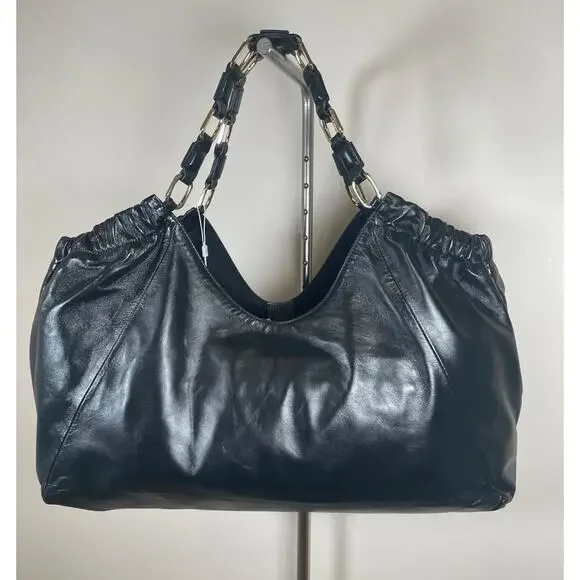 Anine Bing Kate Embossed Large Black Lamb Leather Boho Shoulder Tote - Picture 14 of 15